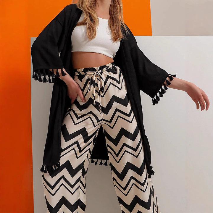 Damen Weite Satin-Hose mit Zickzack-Print, hohem elastischem Bund und Bindegürtel Drune