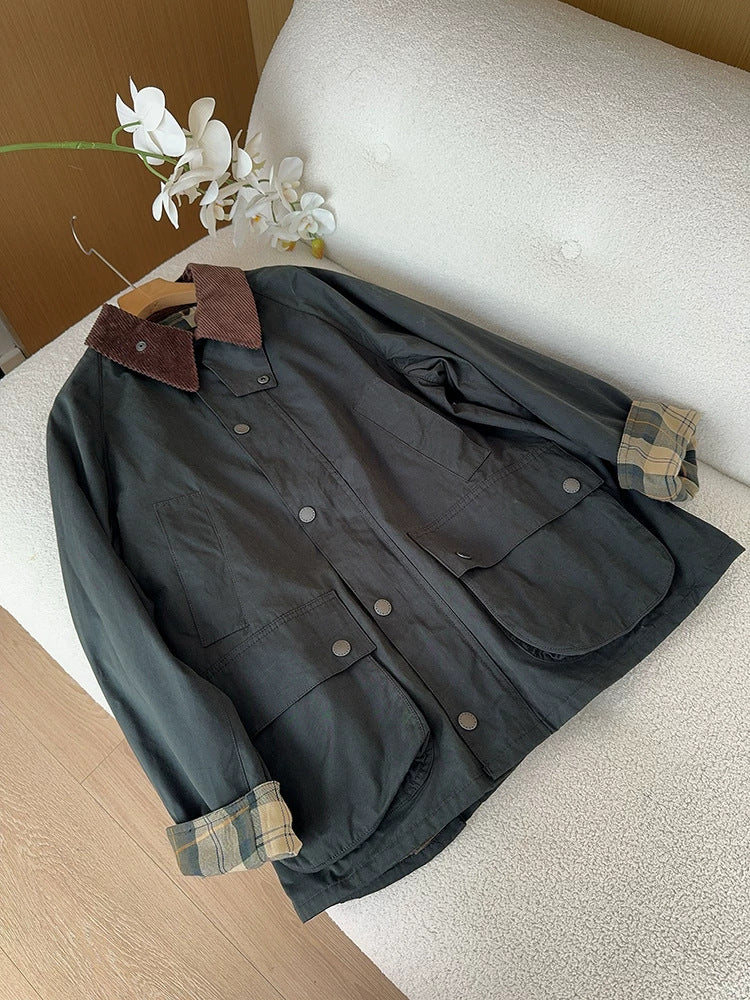 Damen Modische Utility-Jacke mit Karomuster Drune