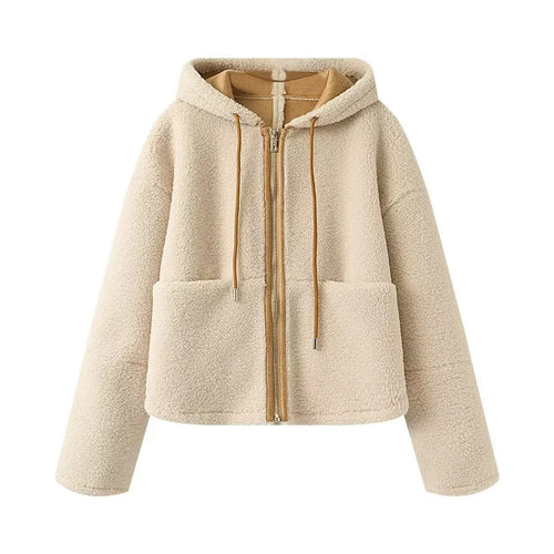 Damen nan kurze Teddy-Fleece Kapuzenjacke mit Reißverschluss und großen Fronttaschen Drune