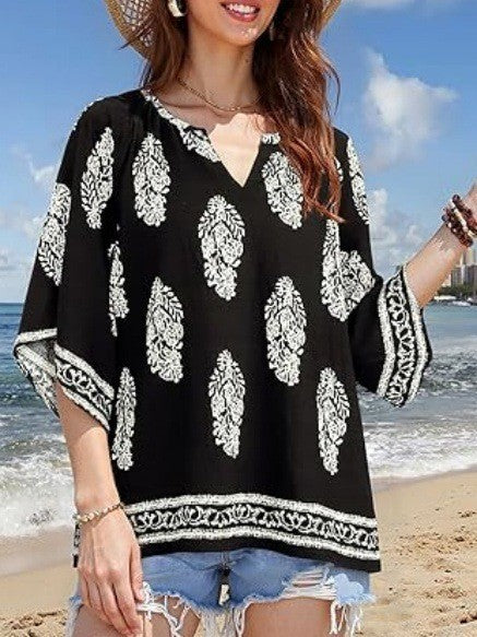 Damen Lockeres Strand-Tunika-Oberteil mit V‑Ausschnitt und Boho‑Print Drune
