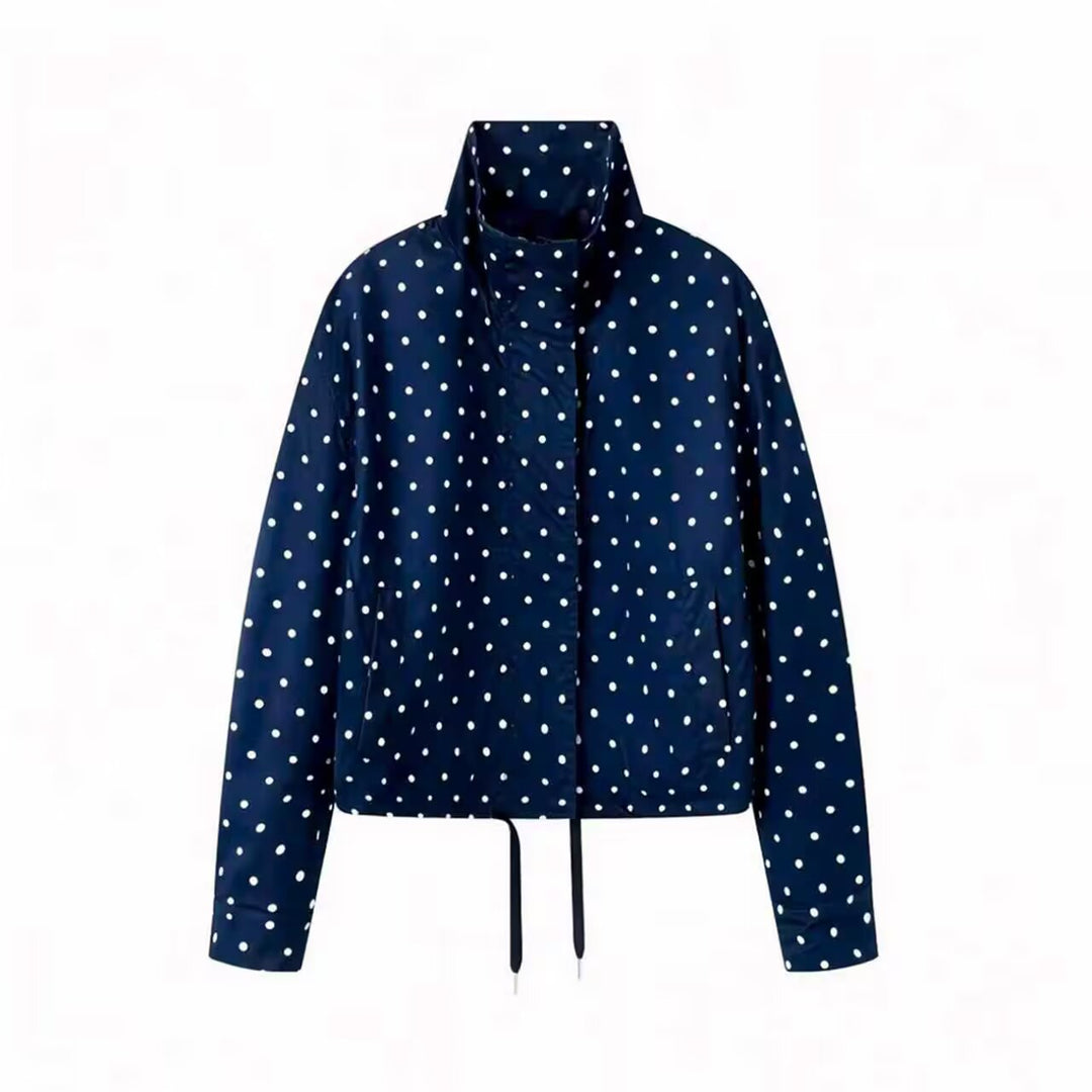 Damen Kurze gepunktete Regenjacke mit Stehkragen und Kordelzug Drune