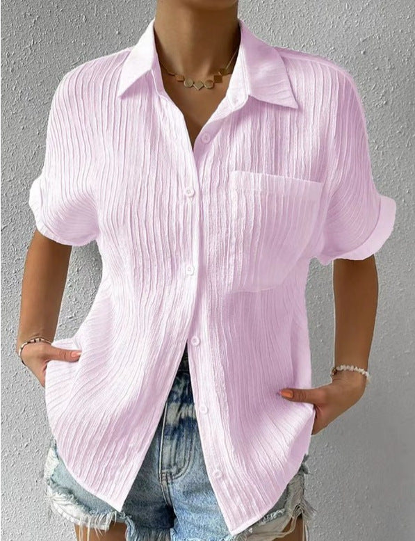 Damen nan Crinkle-Optik-Hemdbluse mit Brusttasche, Krempelärmeln und lockerer Passform Drune