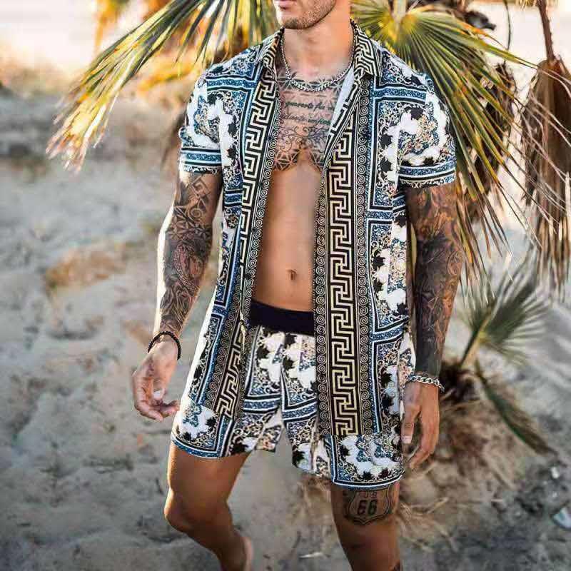 Herren nan barockgemustertes Kurzarm-Hemd mit passender locker geschnittener Shorts Drune