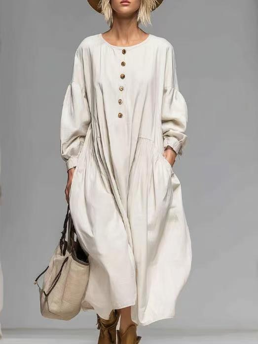 Damen Lässiges Midi-Kleid mit Knopfleiste, Ballonärmeln und Eingrifftaschen Drune