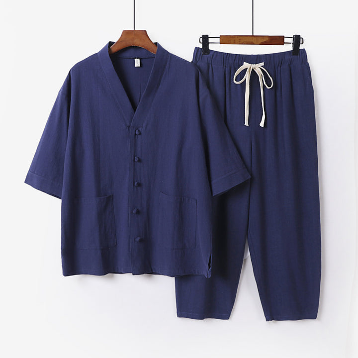 Unisex Leichtes Kimono-Lounge-Set aus Baumwoll-Leinen mit Kurzarmjacke und Kordelbund-Hose Drune