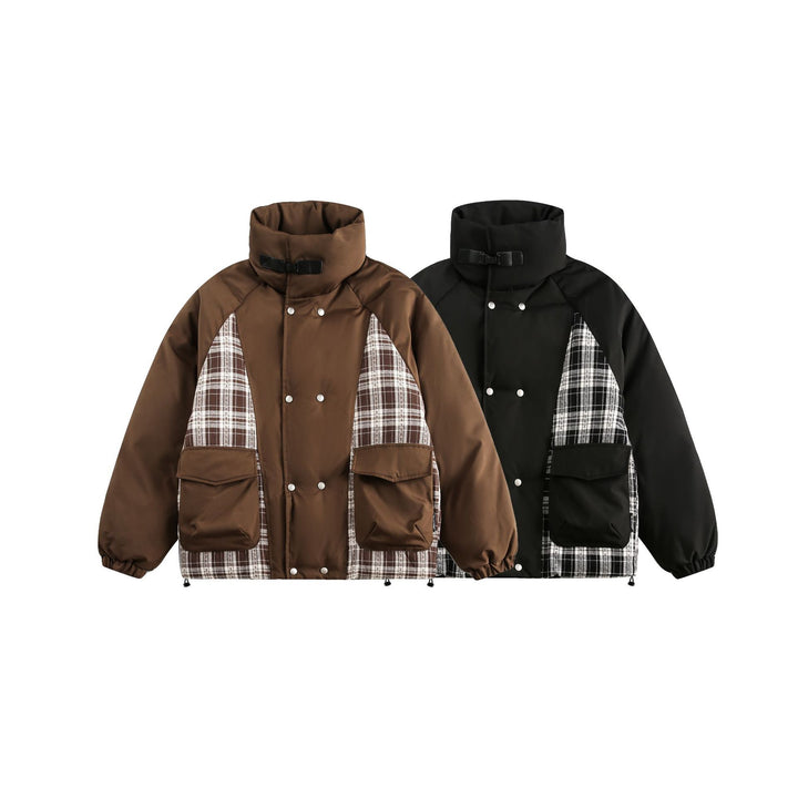 Unisex Oversize Stehkragen‑Pufferjacke mit karierter Einsatz‑Panel und Utility‑Taschen Drune