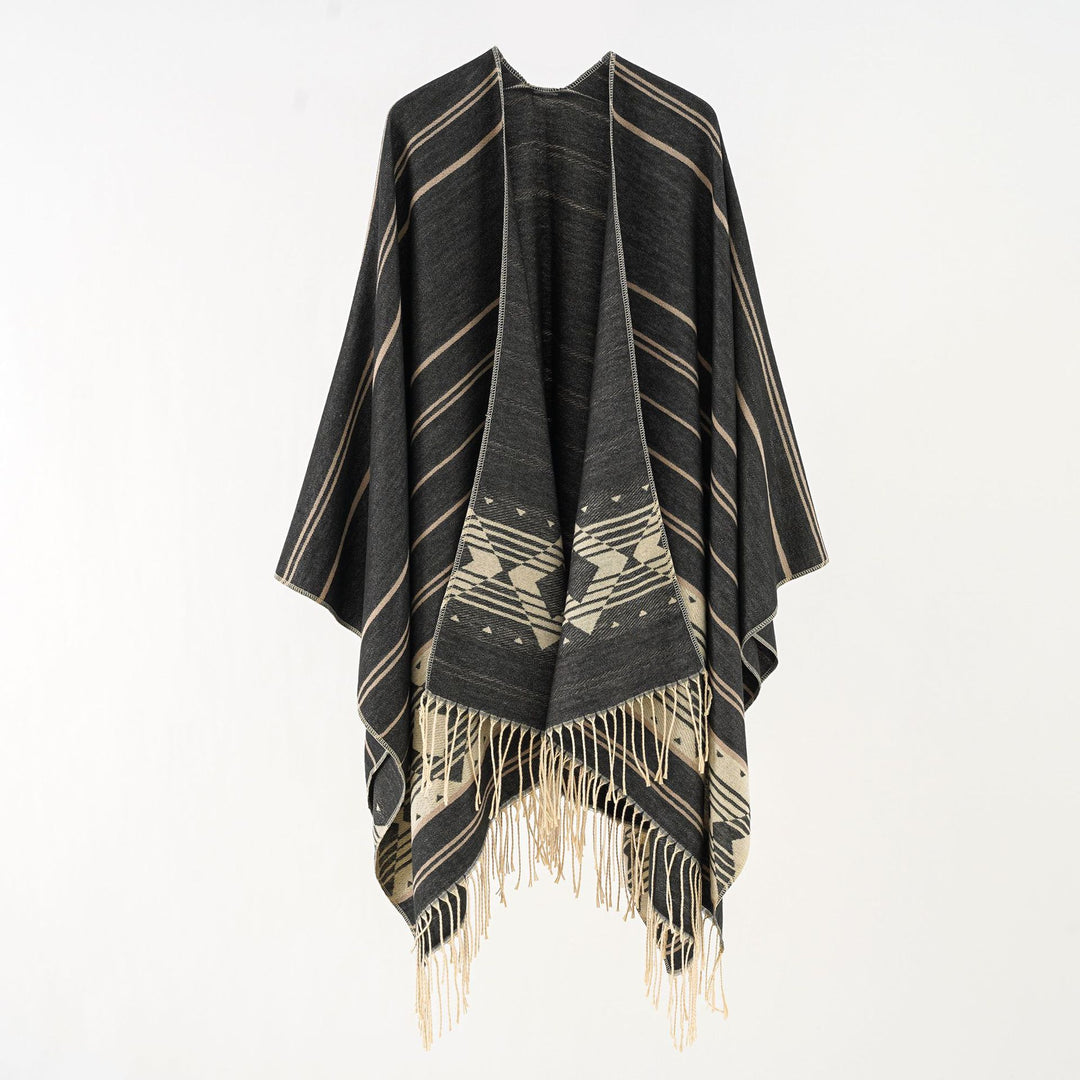 Damen Wollmix-Ruana im grafischen Ethno-Jacquard mit Fransensaum Drune