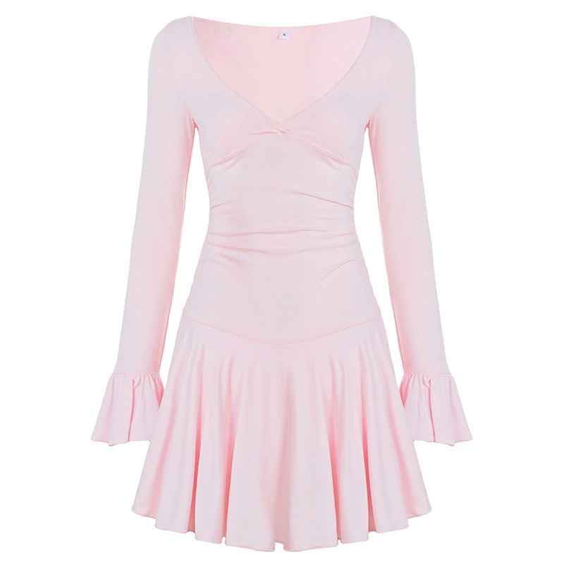 Damen nan tailliertes V-Ausschnitt Skaterkleid mit geraffter Taille und Volantärmeln Drune