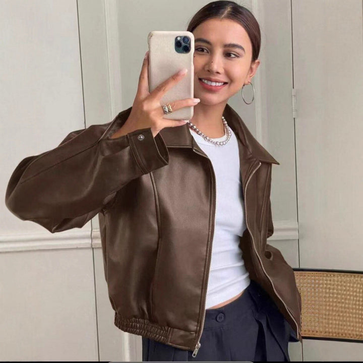 Damen Oversized Lederjacke im Bomberstil mit elastischem Saum Drune
