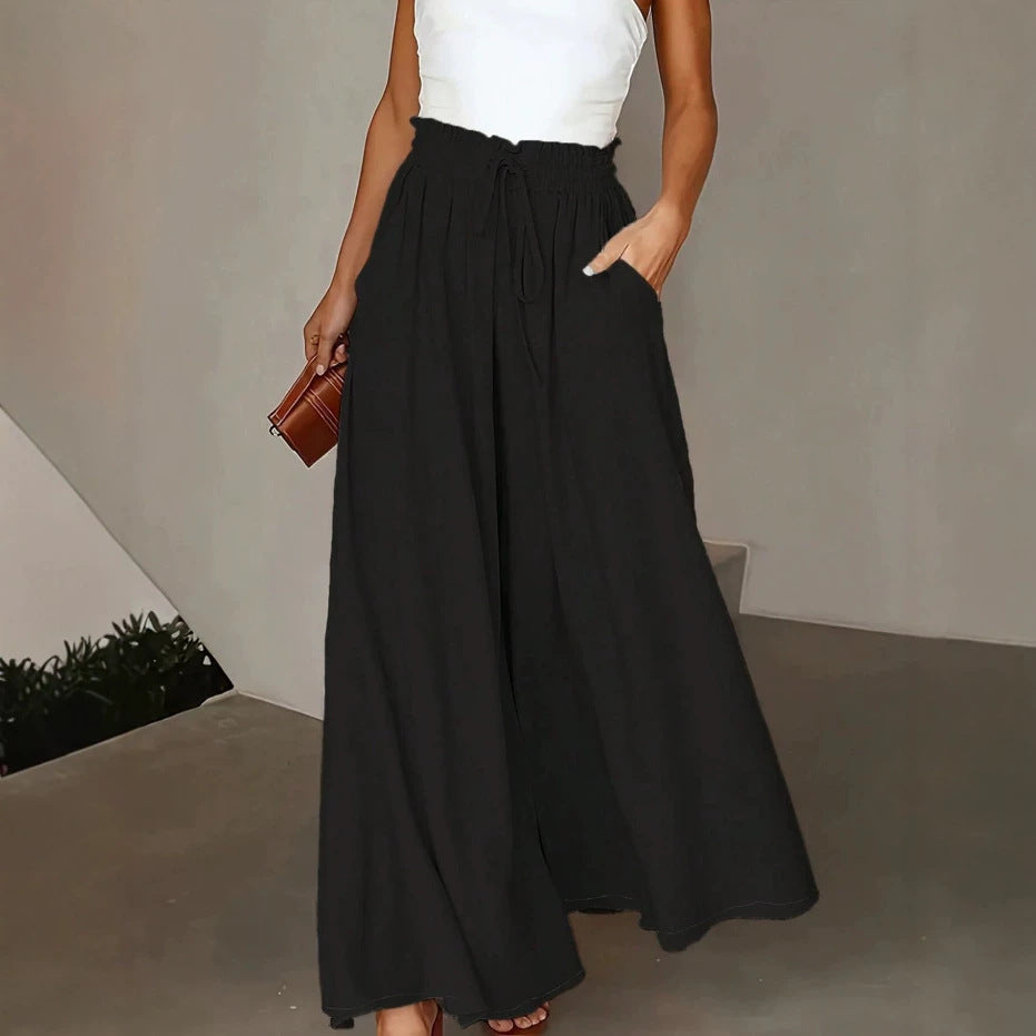Damen Weite Maxipalazzo-Hose mit Paperbag-Bund, Kordelzug und Seitentaschen Drune
