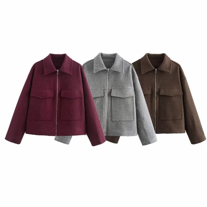 Damen 60+ Boxy Kurzjacke aus Wollmix mit Reißverschluss und aufgesetzten Pattentaschen Drune