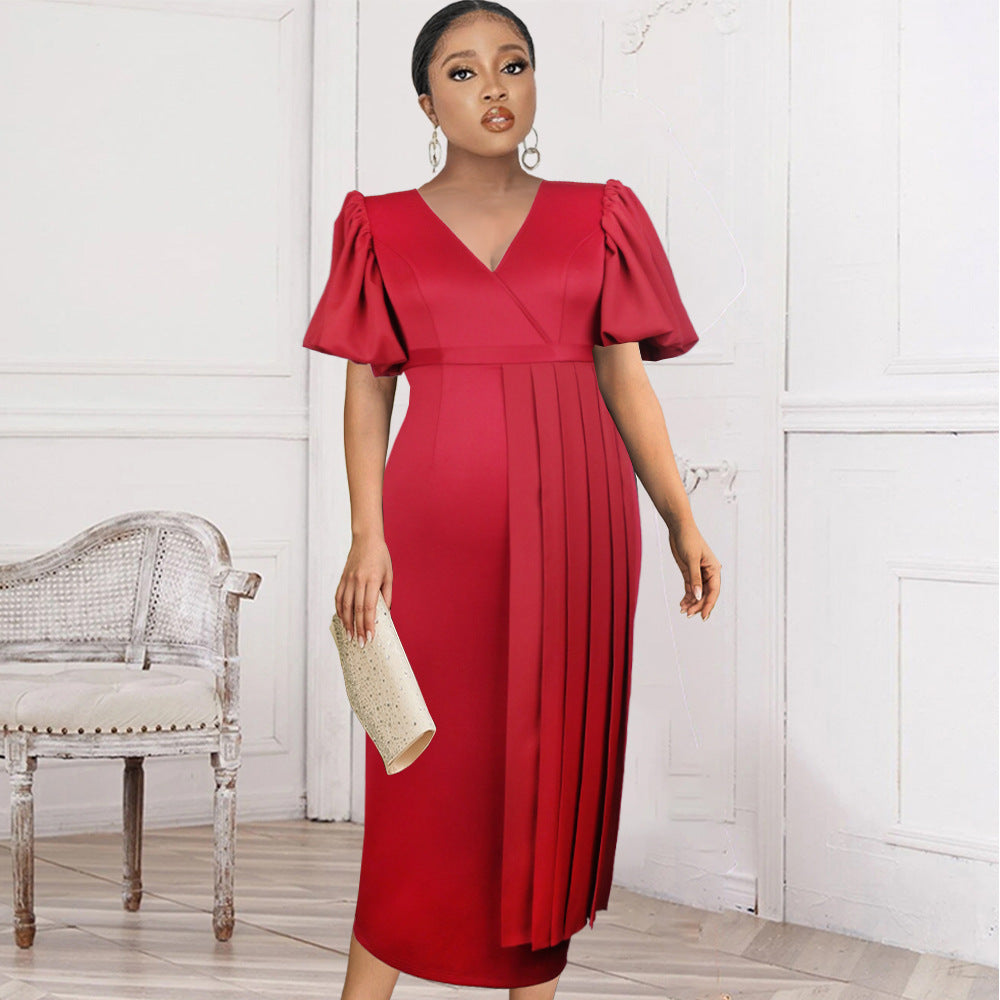 Damen elegantes Faltenkleid mit V-Ausschnitt und voluminösen Ärmeln Drune