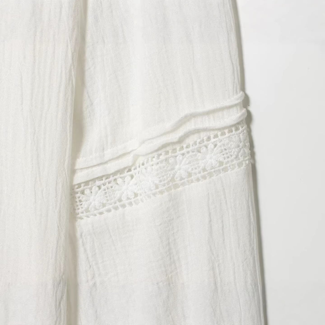 Damen Elegante Baumwollmisch‑Bluse mit Spitzenpasse, verdeckter Knopfleiste und weiten Ballonärmeln Drune