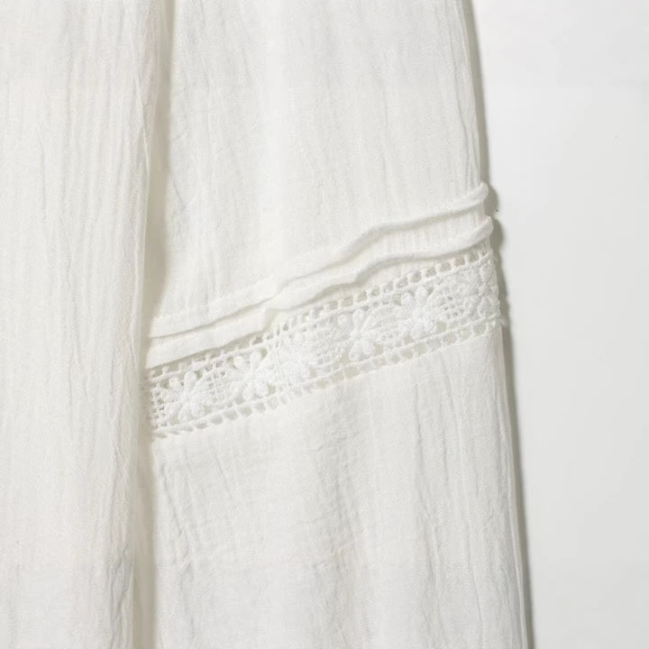 Damen Elegante Baumwollmisch‑Bluse mit Spitzenpasse, verdeckter Knopfleiste und weiten Ballonärmeln Drune