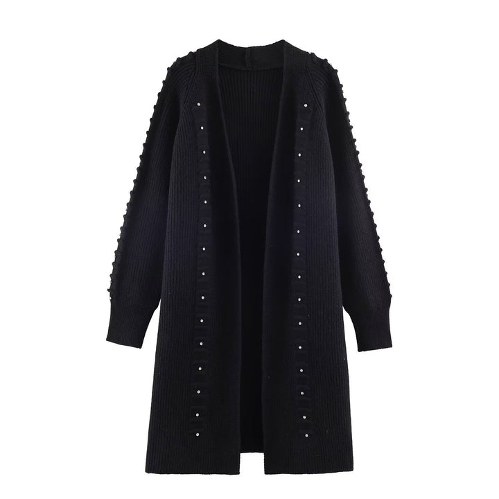 Damen Longline Strickcardigan mit Perlen- und Rüschendetail offene Front Drune