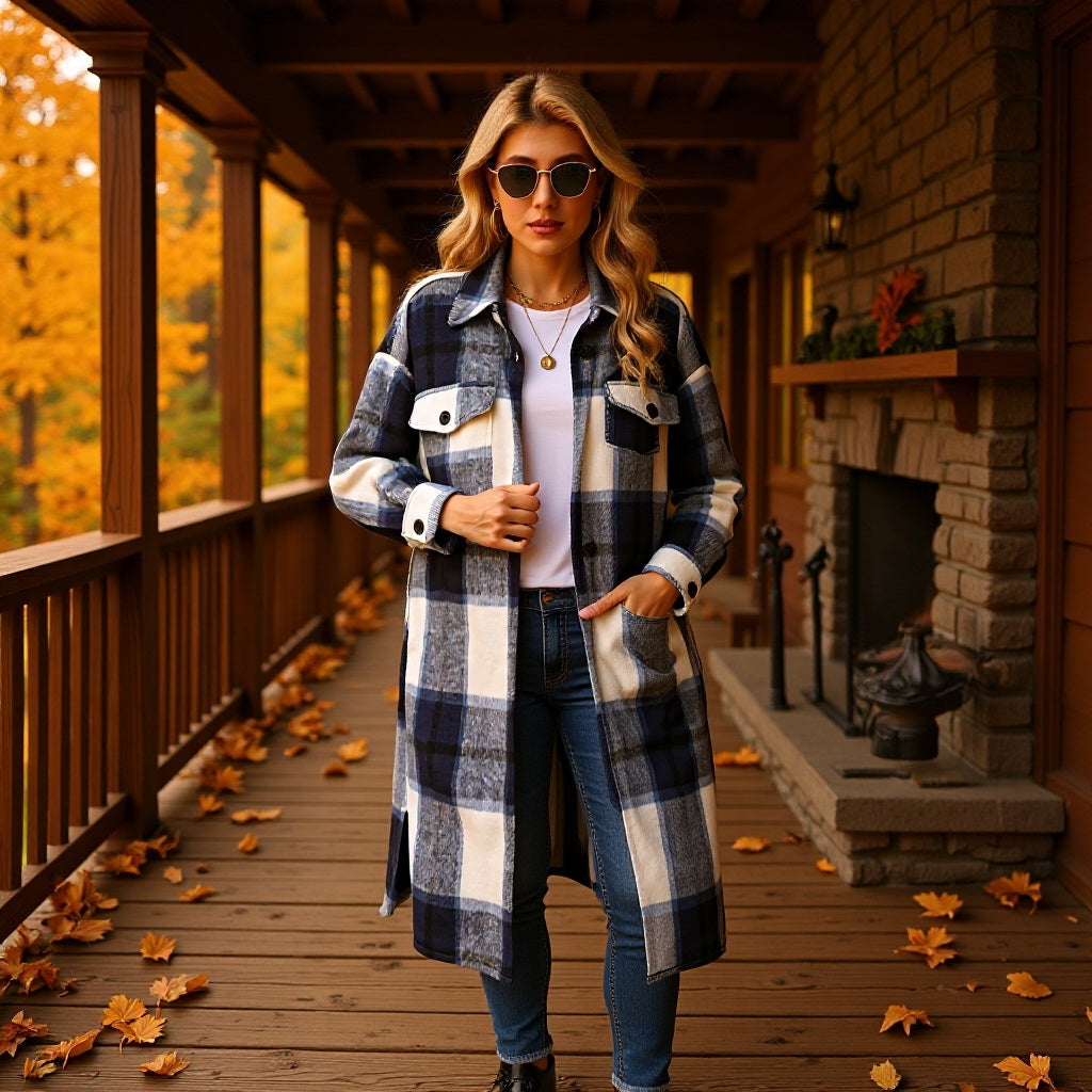 Damen Longline-Karo-Hemdjacke mit aufgesetzten Taschen Drune