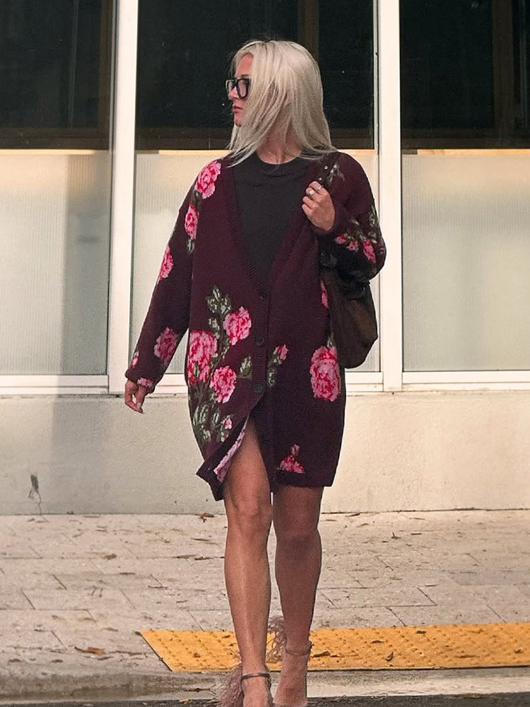 Damen Oversized Strickcardigan mit Blumenjacquard und tiefem V-Ausschnitt Drune