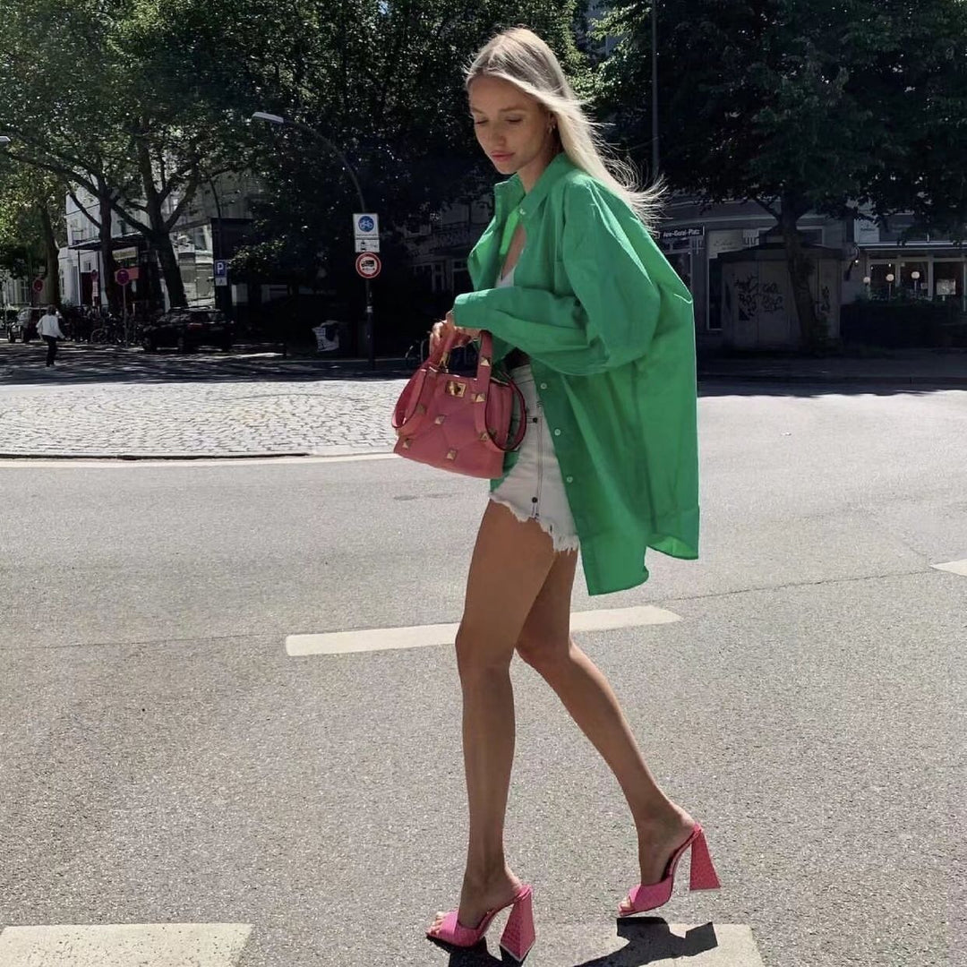 Damen nan oversized Hemdbluse mit Brusttasche, überschnittener Schulter und abgerundetem Saum Drune