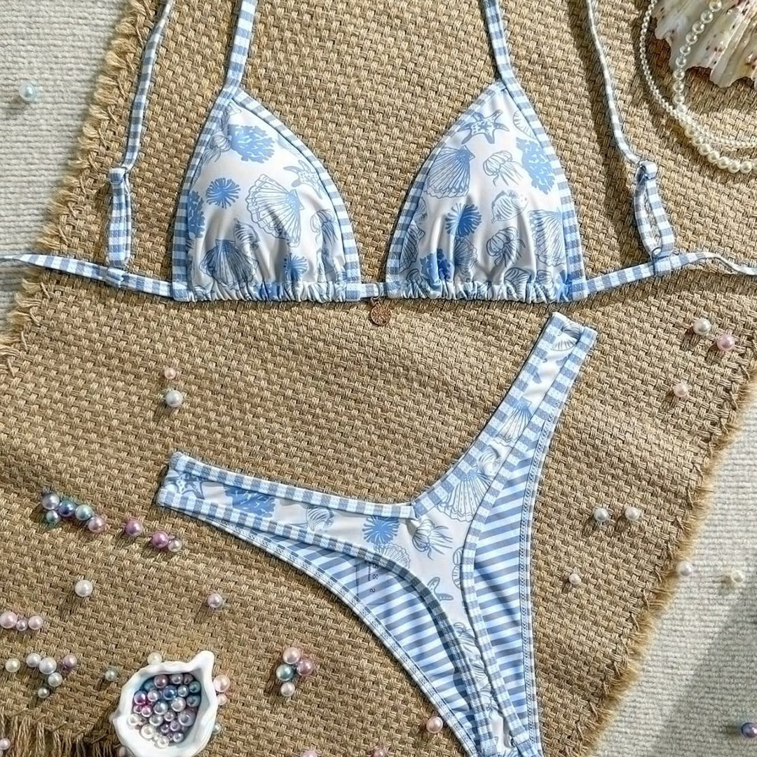 Damen Triangel-Bikini mit Rüschendetails und Karomuster Drune