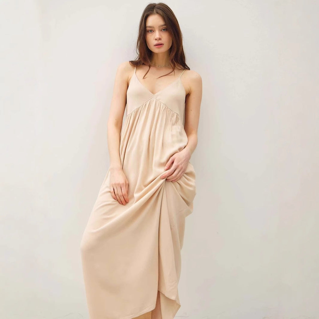 Damen luftiges Maxikleid mit Spaghettiträgern und raffiniertem Schnitt Drune