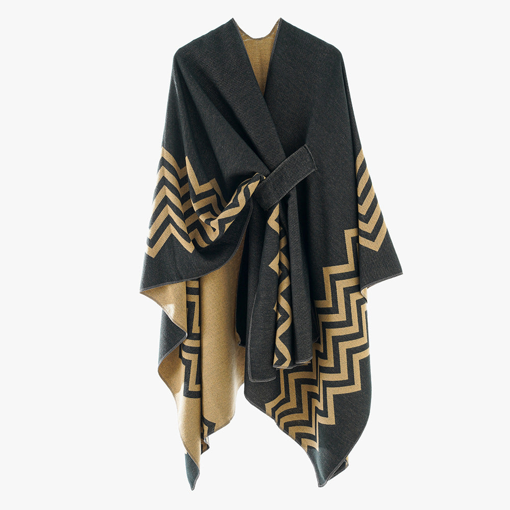 Damen Wollmix-Capeponcho mit Bindegürtel und grafischem Zickzackmuster Drune