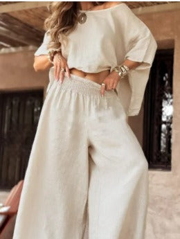 Damen Leichter Leinen-Zweiteiler mit Cropped Oversize-Top und Smokbund-Palazzohose Drune