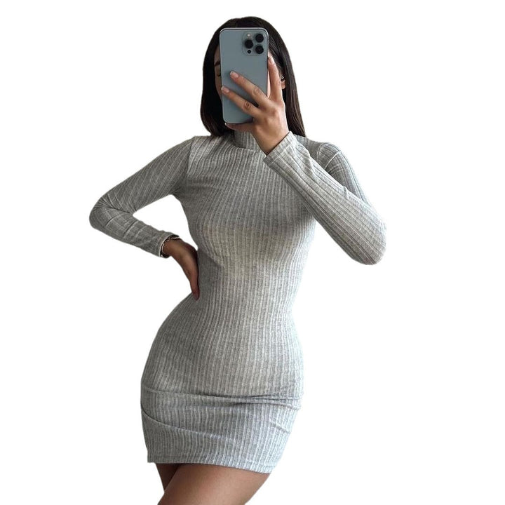 Damen Enganliegendes Rippstrick-Minikleid mit Rollkragen und langen Ärmeln Drune