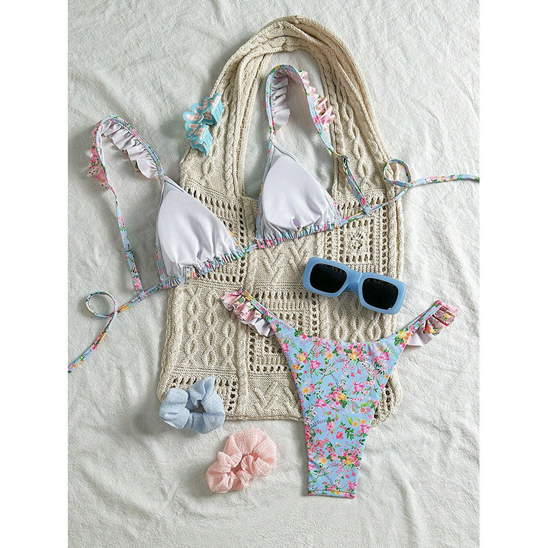Damen Triangel-Bikini mit floralen Rüschendetails Drune