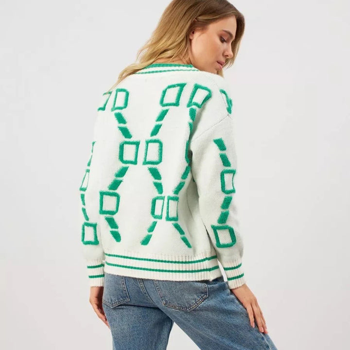 Damen Strickjacke mit buntem geometrischen Muster und Knopfdetails Drune