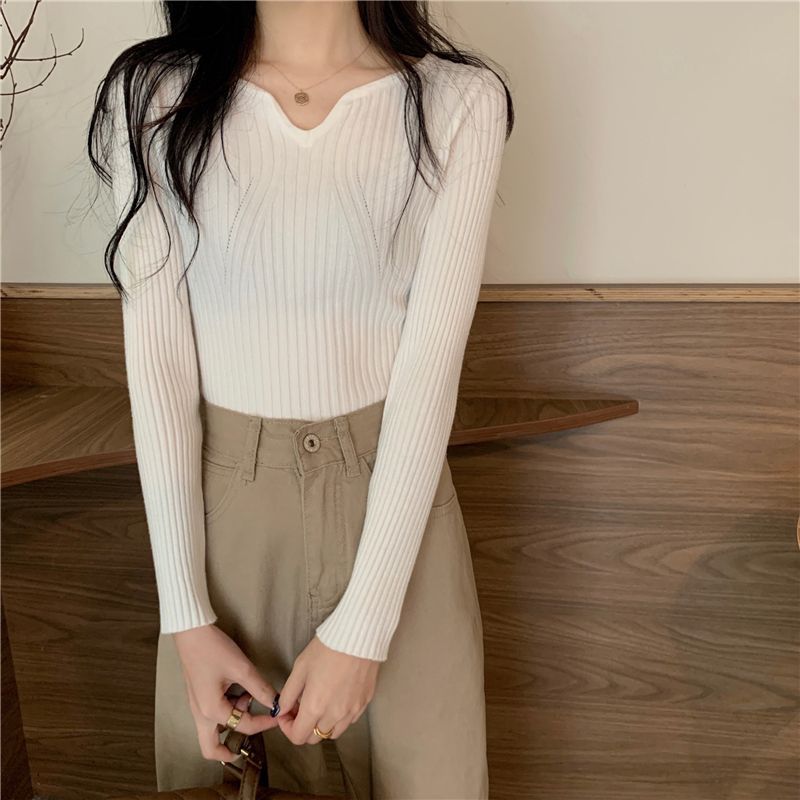 Damen V-förmiger Feinstrickpullover mit Rippstruktur Drune
