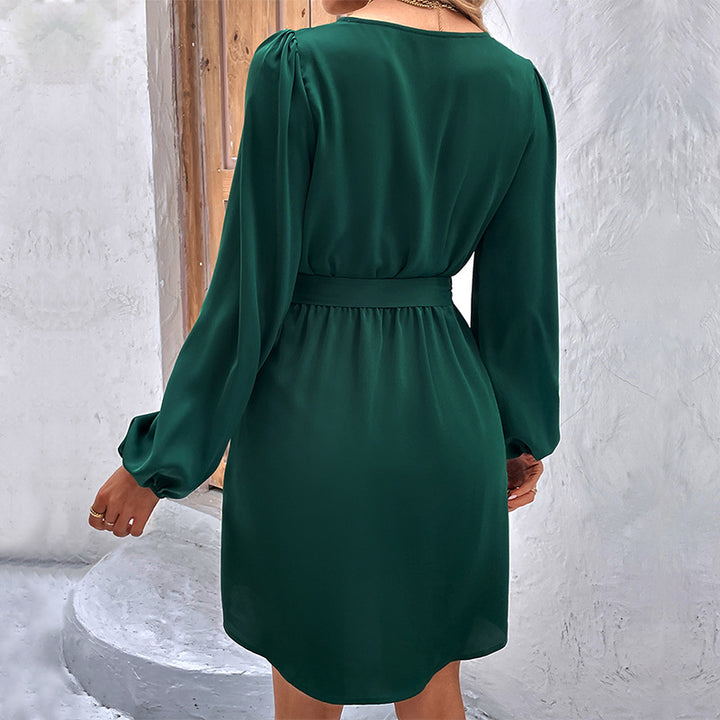 Damen V-Ausschnitt Kleid mit Bindegürtel, Knopfleiste & Ballonärmeln Drune