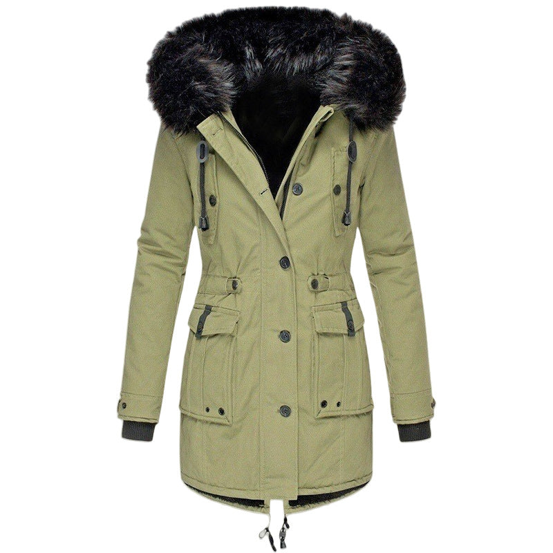 Damen Gefütterter Parka mit Kapuze und abnehmbarem Kunstpelzbesatz, taillierter Wintermantel Drune