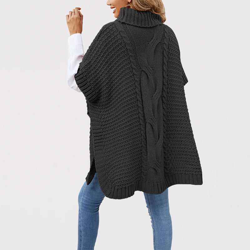 Damen Strickponcho mit hohen Kragen und Kabelmuster Drune