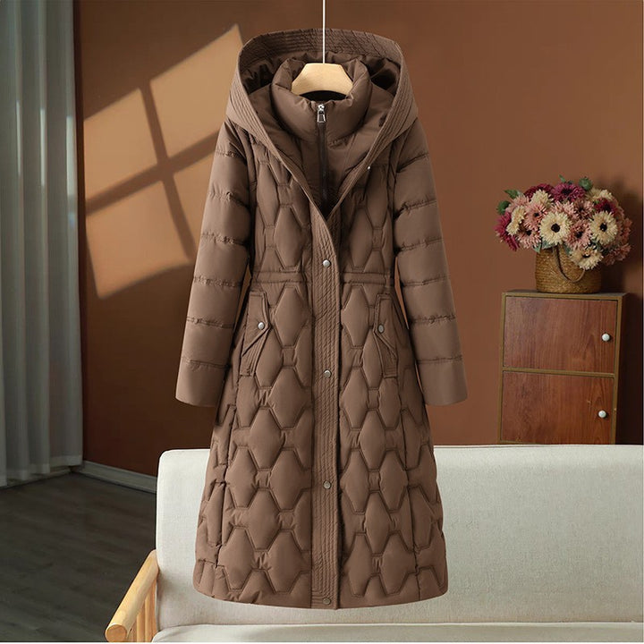 Damen nan langer gesteppter Wintermantel mit Kapuze und taillierter Silhouette Drune