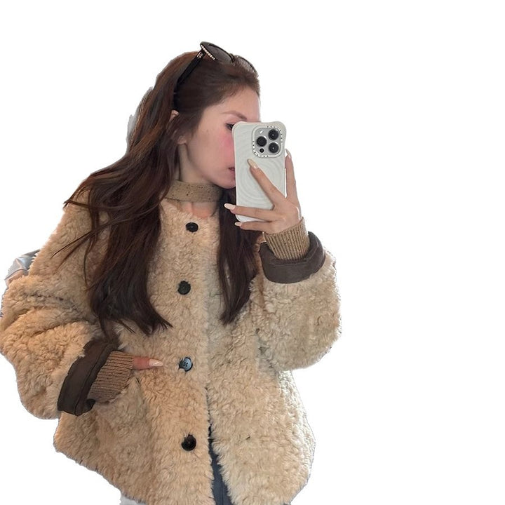 Damen Kuscheliger Plüschjacke mit Knopfdetails Drune