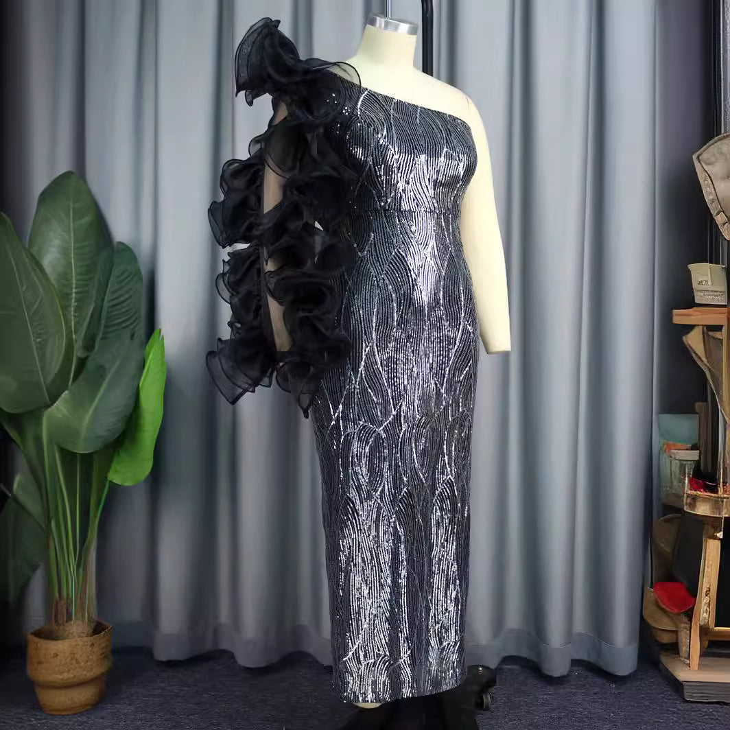 Damen Glamouröses Abendkleid mit schulterfreiem Design und voluminösen Rüschenärmel Drune