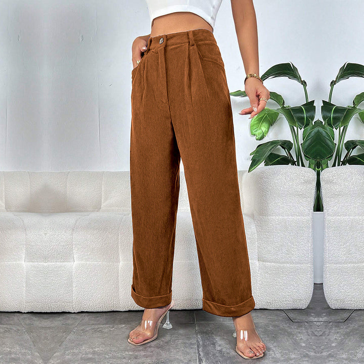 Damen hochgeschnittene Cordhose mit weitem Bein, Bundfalten und umgeschlagenem Saum Drune
