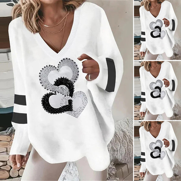 Damen nan übergroßer Strickpullover mit tiefem Ausschnitt Paillettenherz und Kontrastarmstreifen Drune