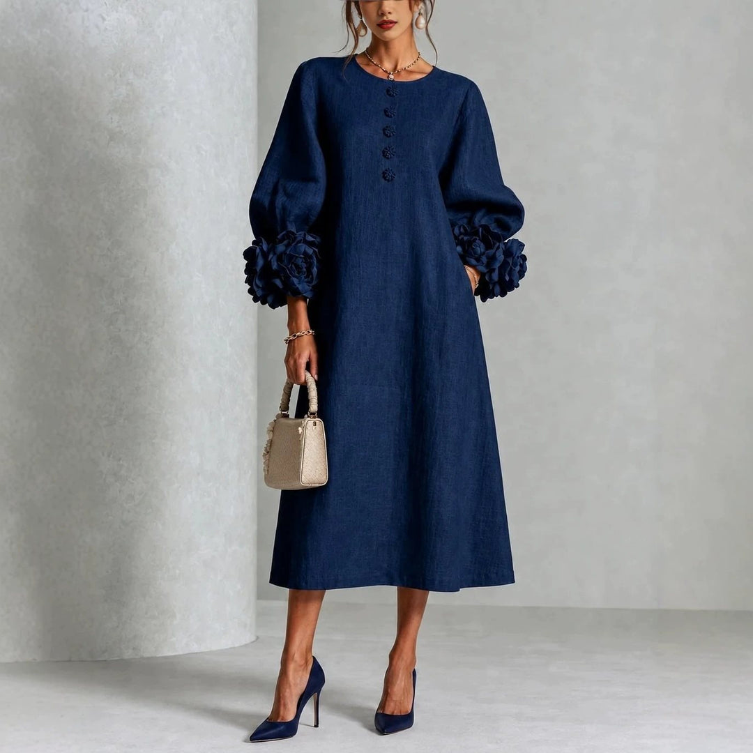 Damen Midikleid aus Leinen mit Ballonärmeln und 3D-Blütenmanschetten Drune