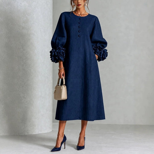 Damen Midikleid aus Leinen mit Ballonärmeln und 3D-Blütenmanschetten Drune