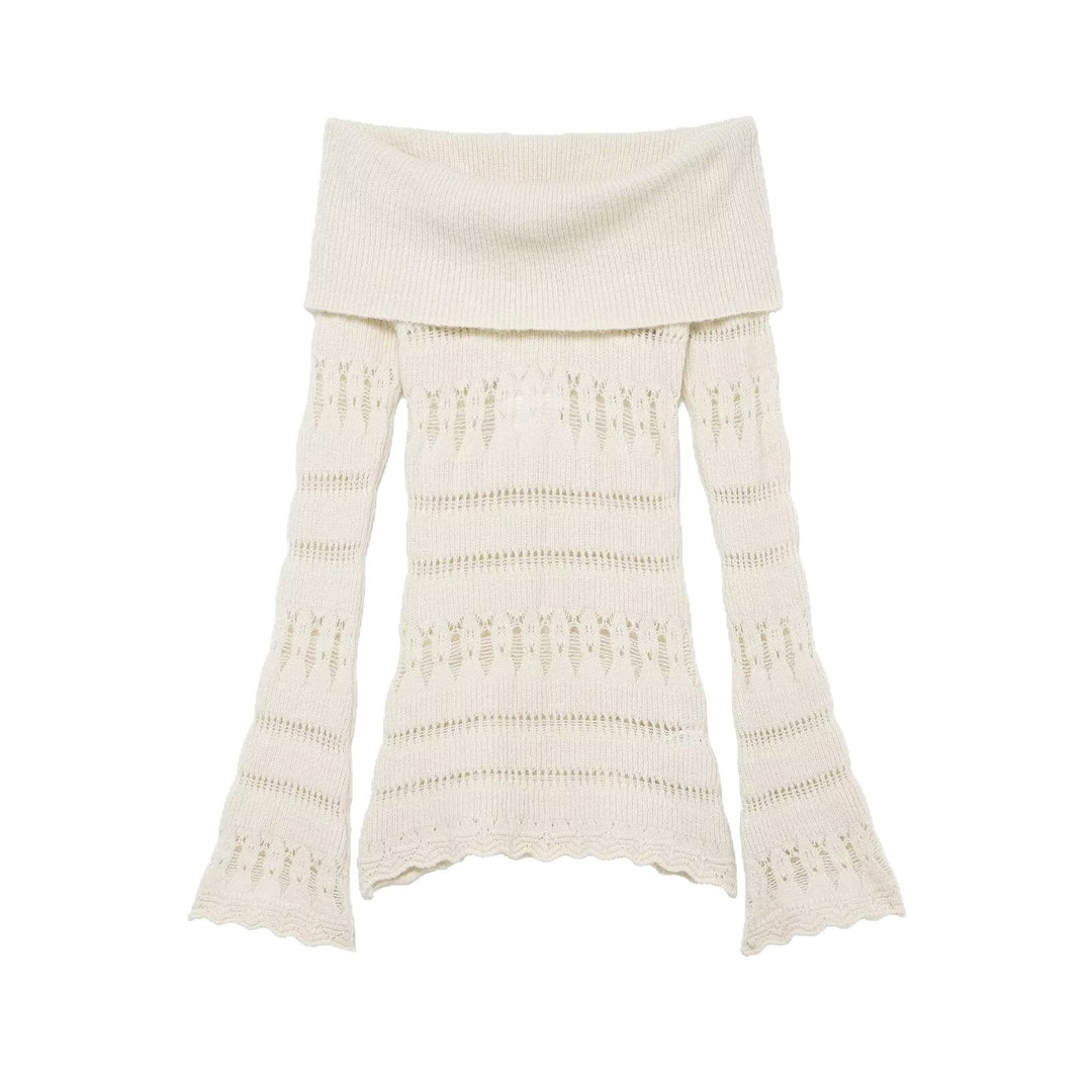 Damen Off-Shoulder Feinstrickpullover mit überfallendem Rollkragen und Trompetenärmeln Drune