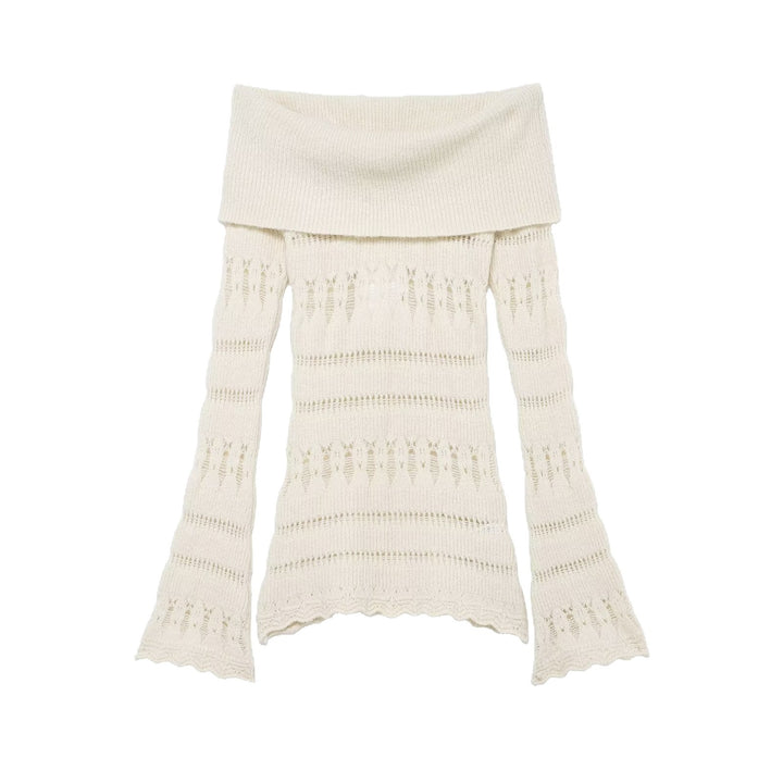 Damen Off-Shoulder Feinstrickpullover mit überfallendem Rollkragen und Trompetenärmeln Drune