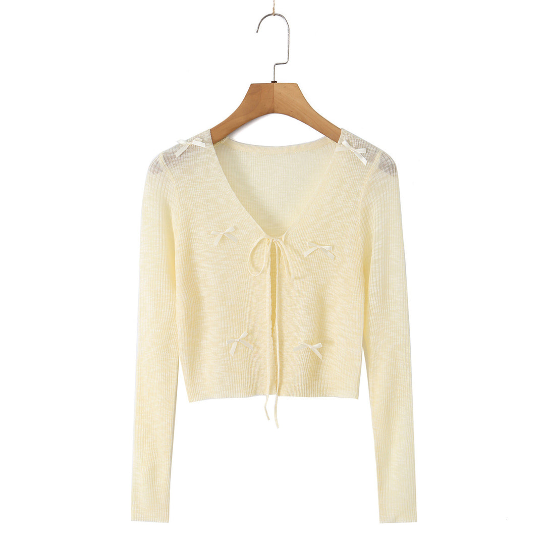 Damen Cropped-Feinstrick-Cardigan mit V-Ausschnitt, Bindeband und Zierschleifen Drune