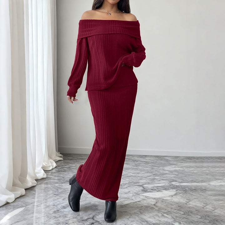 Damen Schulterfreies Rippstrick-Set mit Off-Shoulder-Oberteil und figurbetontem Maxirock Drune