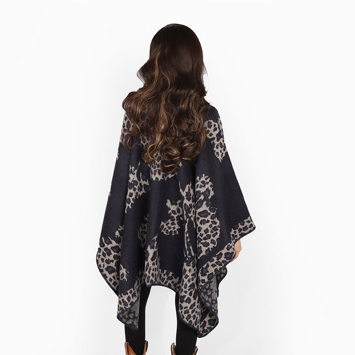 Damen Wolloptik-Überwurf mit gewebtem Leopard-Jacquard und offenem Zipfelrand Drune
