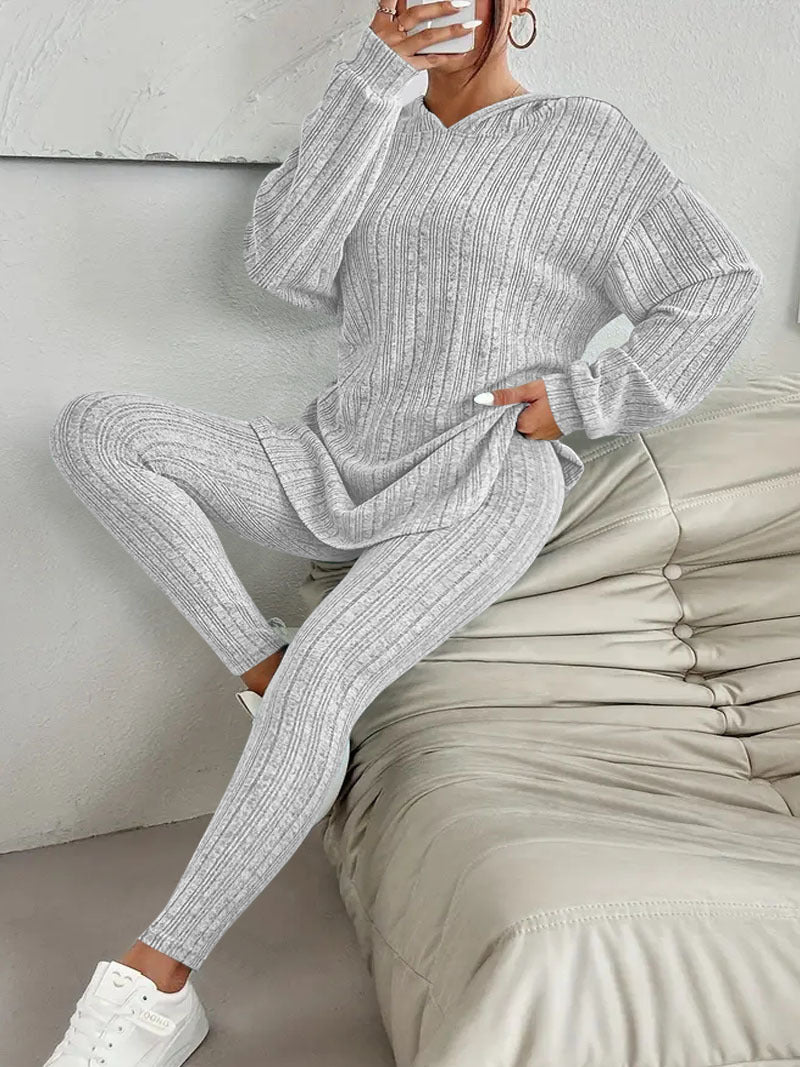 Damen Gerippter Lounge-Set aus Strick mit Oversize-Kapuzenpullover und High-Waist-Leggings Drune