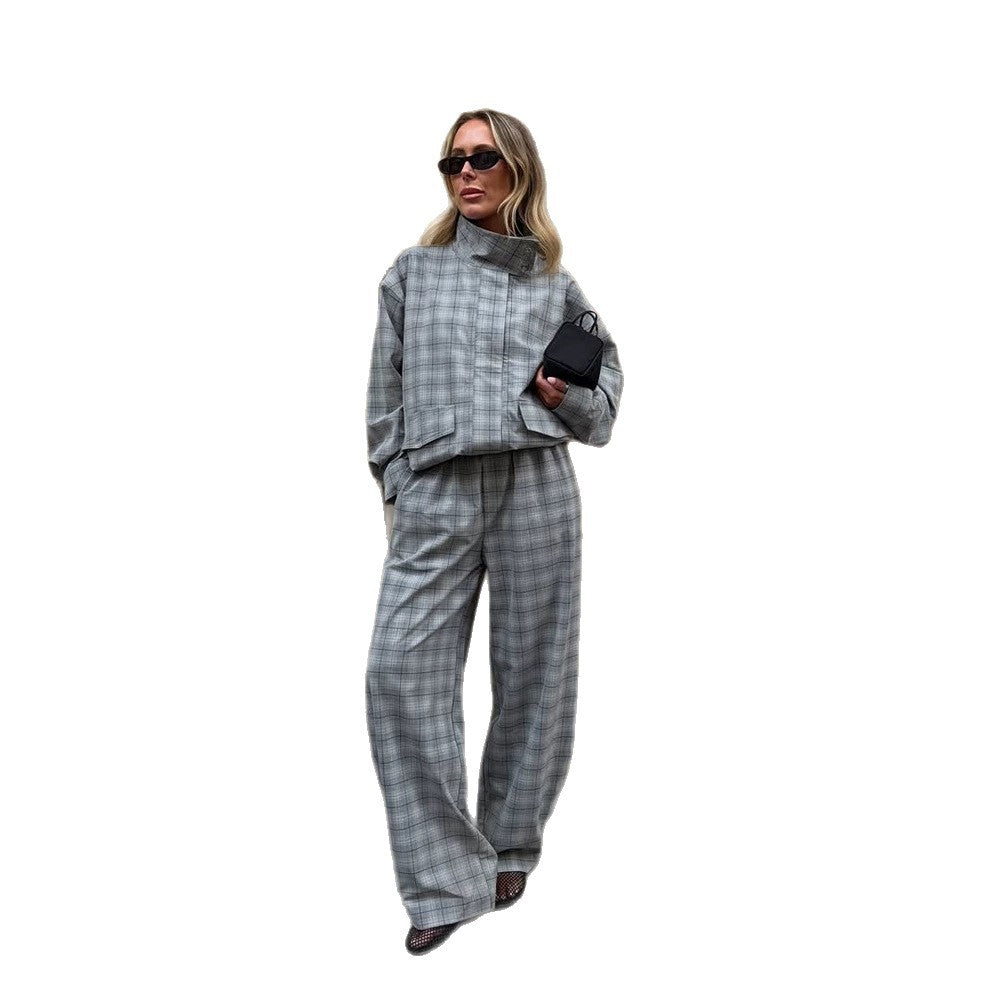 Damen Oversize Karo-Zweiteiler aus Tailormix mit Stehkragen Drune