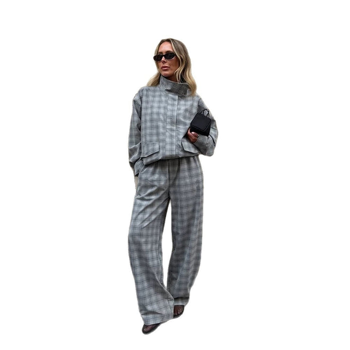 Damen Oversize Karo-Zweiteiler aus Tailormix mit Stehkragen Drune