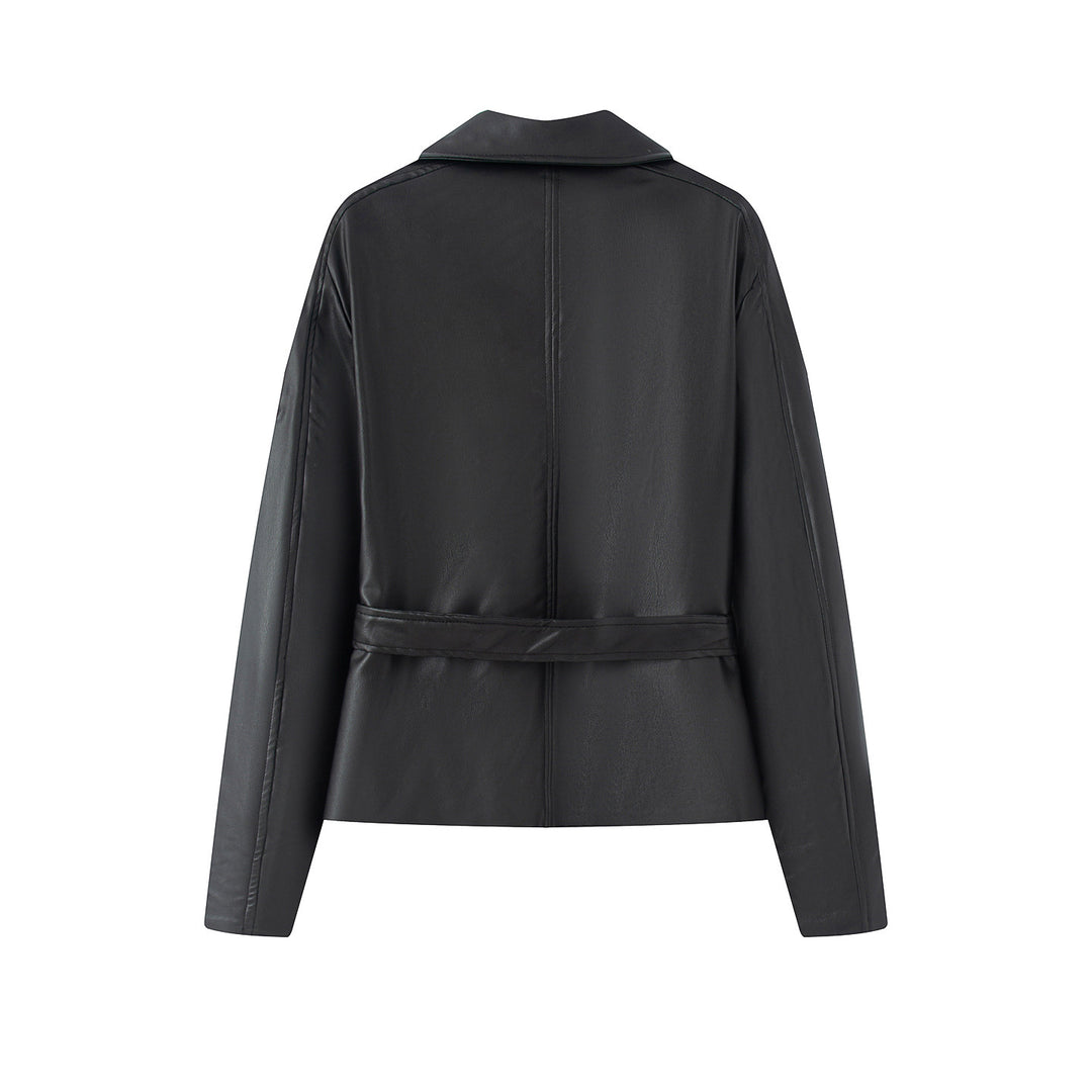 Damen nan kurz geschnittene Trench-Optik Kunstlederjacke mit Bindegürtel und Schulterpatten Drune