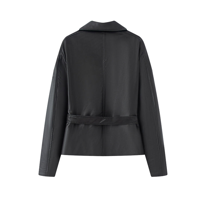 Damen nan kurz geschnittene Trench-Optik Kunstlederjacke mit Bindegürtel und Schulterpatten Drune